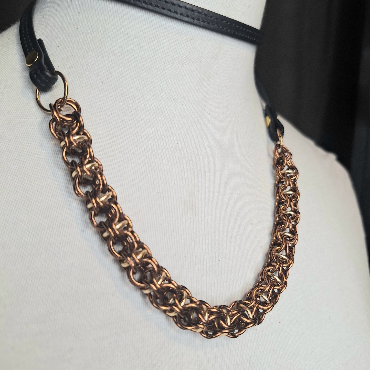 The Copperhead. A handmade chainmail & stitched leather, layered necklace. One of a kind, sophisticated, made with love. Copper wire.