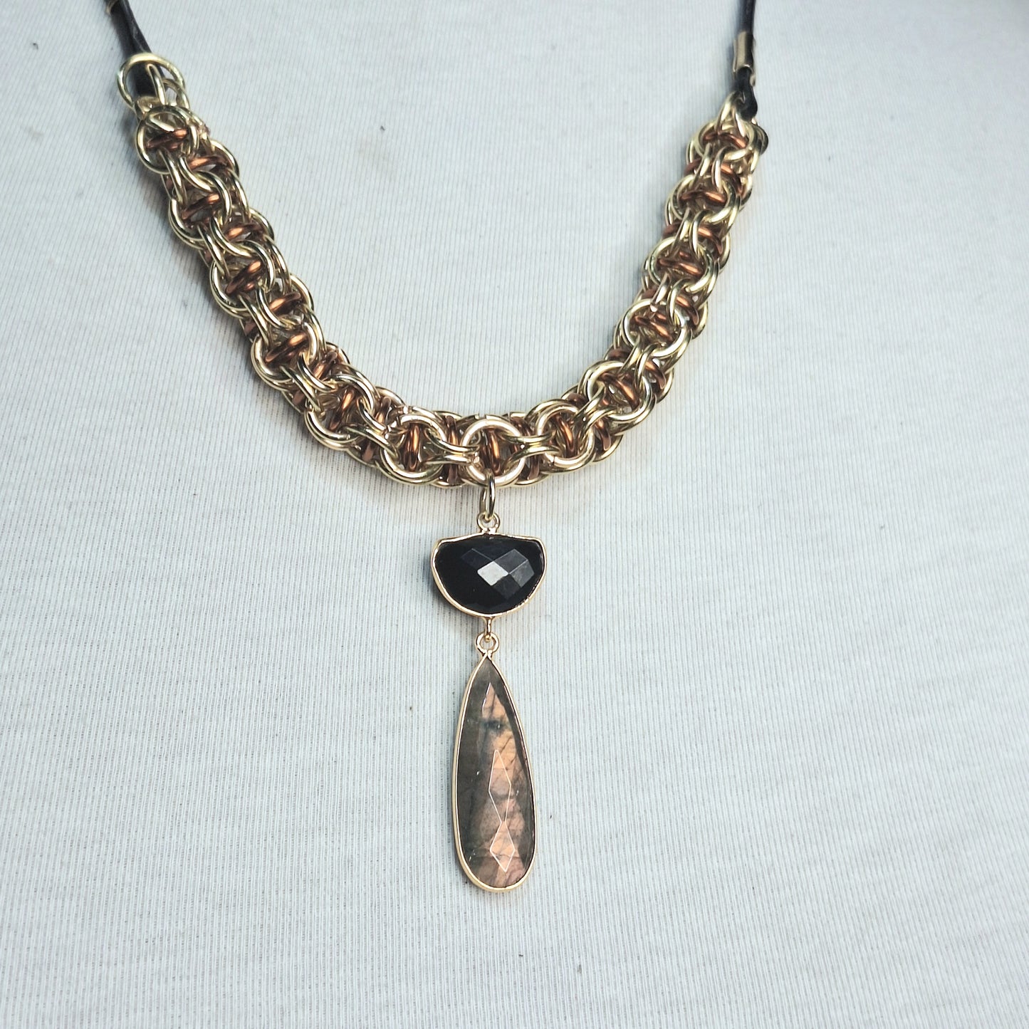 Golden Whiskey Drop. Handmade, gold chainmail, and gemstone statement piece.