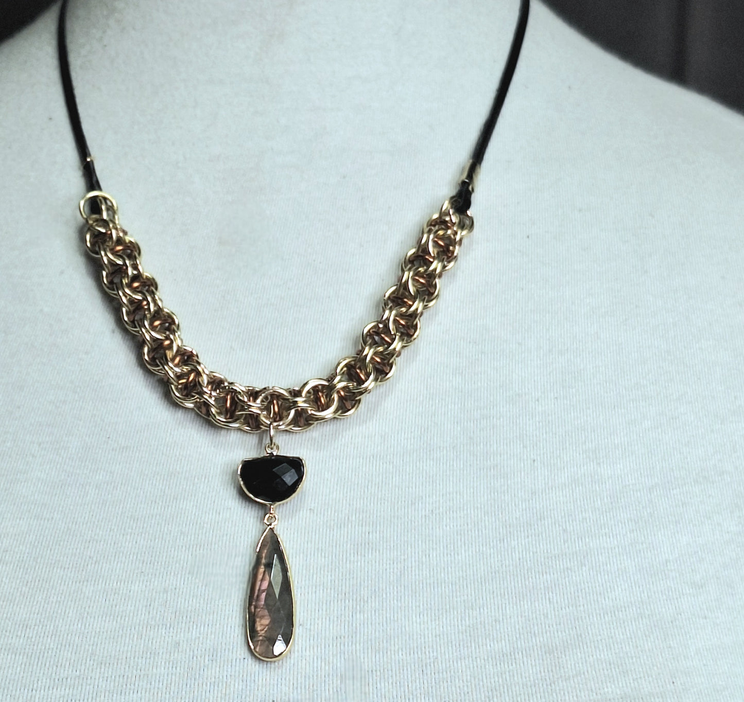 Golden Whiskey Drop. Handmade, gold chainmail, and gemstone statement piece.