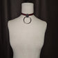 The Chome Ruby. Ruby Red Leather Collar. 2" silver O-ring, solid brass. Black buckle closure. Handmade.