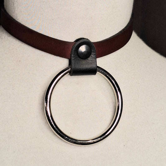 The Chome Ruby. Ruby Red Leather Collar. 2" silver O-ring, solid brass. Black buckle closure. Handmade.