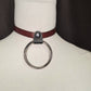 The Chome Ruby. Ruby Red Leather Collar. 2" silver O-ring, solid brass. Black buckle closure. Handmade.