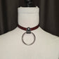 The Chome Ruby. Ruby Red Leather Collar. 2" silver O-ring, solid brass. Black buckle closure. Handmade.