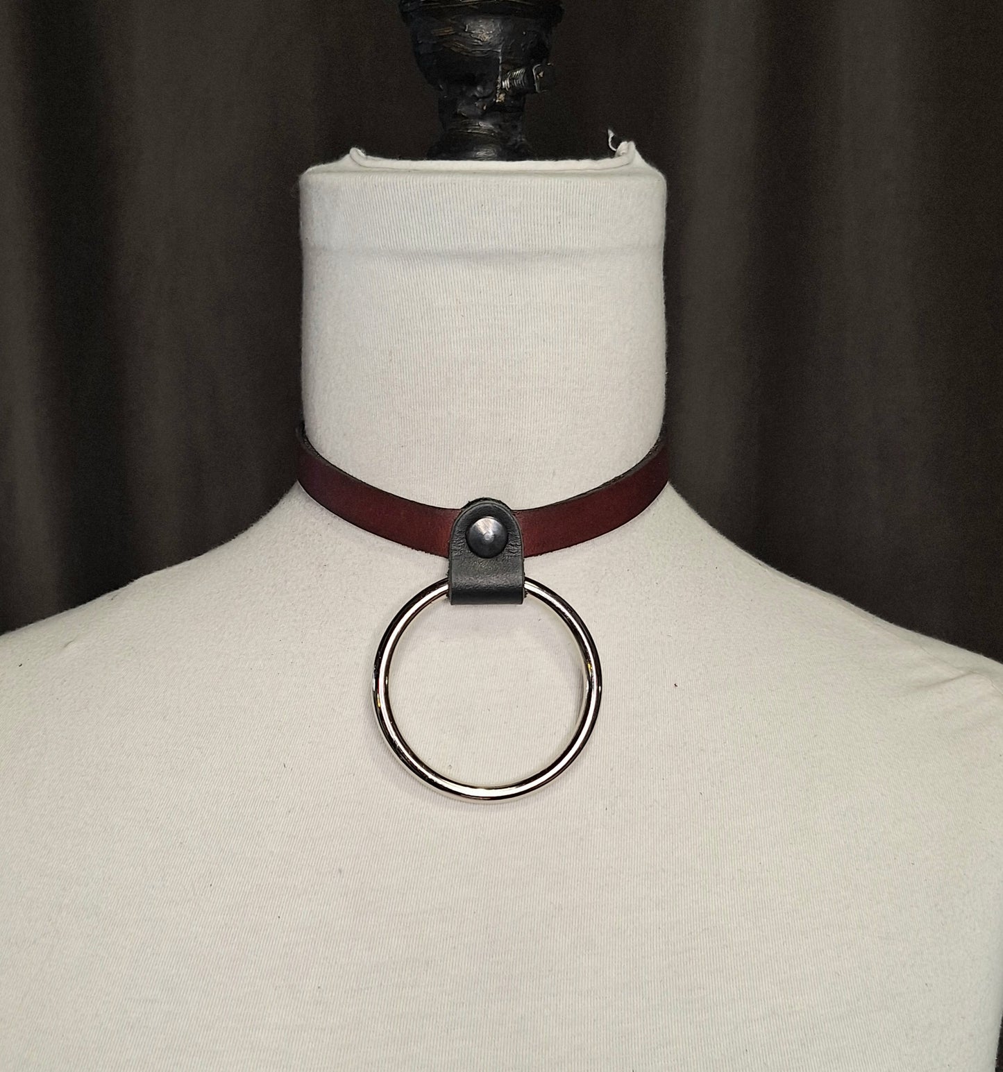 The Chome Ruby. Ruby Red Leather Collar. 2" silver O-ring, solid brass. Black buckle closure. Handmade.