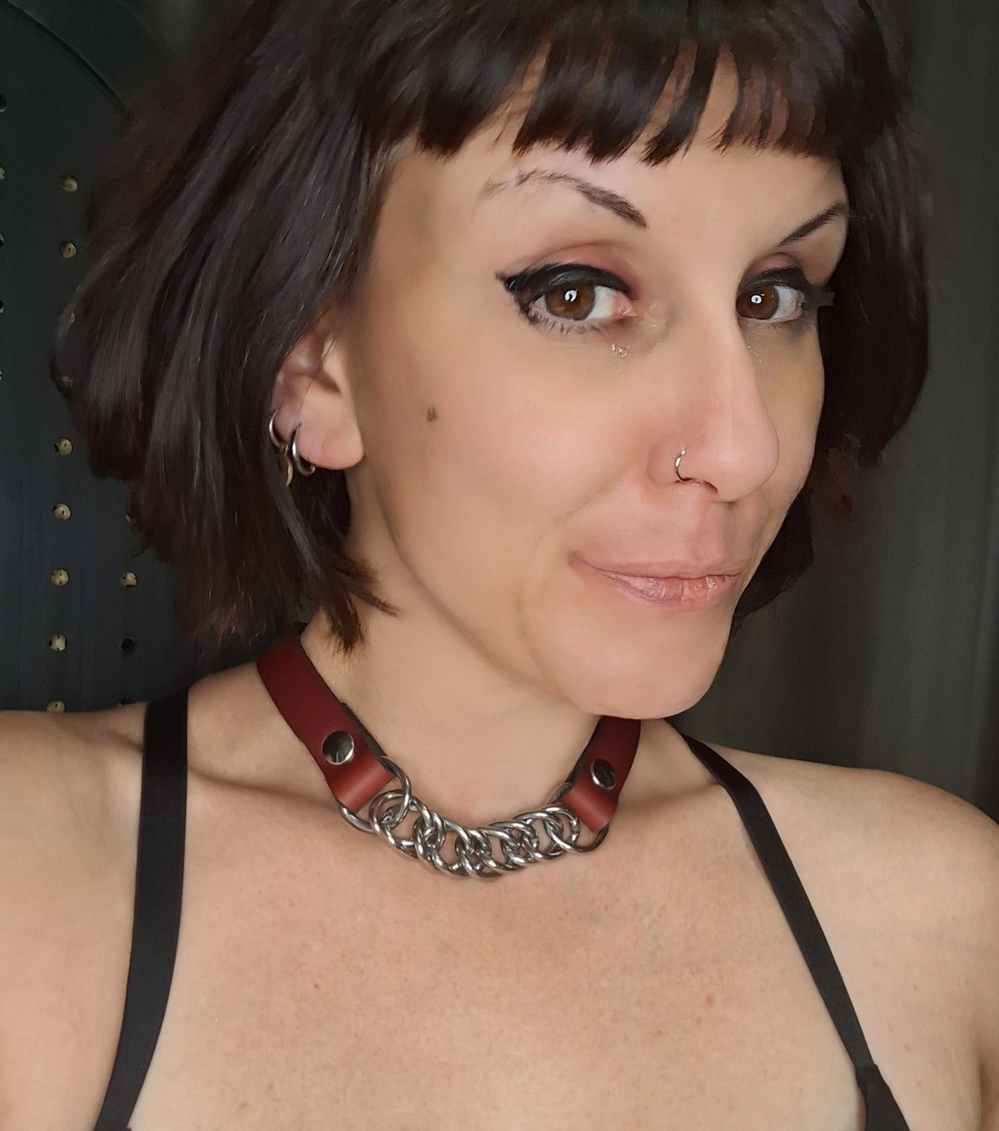 Silver Scarlet. Ruby red leather choker with curb chain centerpiece. Handmade. Unisex. Made as ordered.