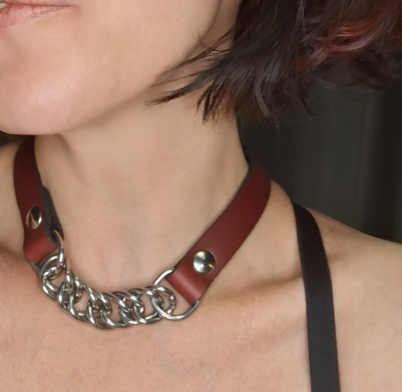 Silver Scarlet. Ruby red leather choker with curb chain centerpiece. Handmade. Unisex. Made as ordered.