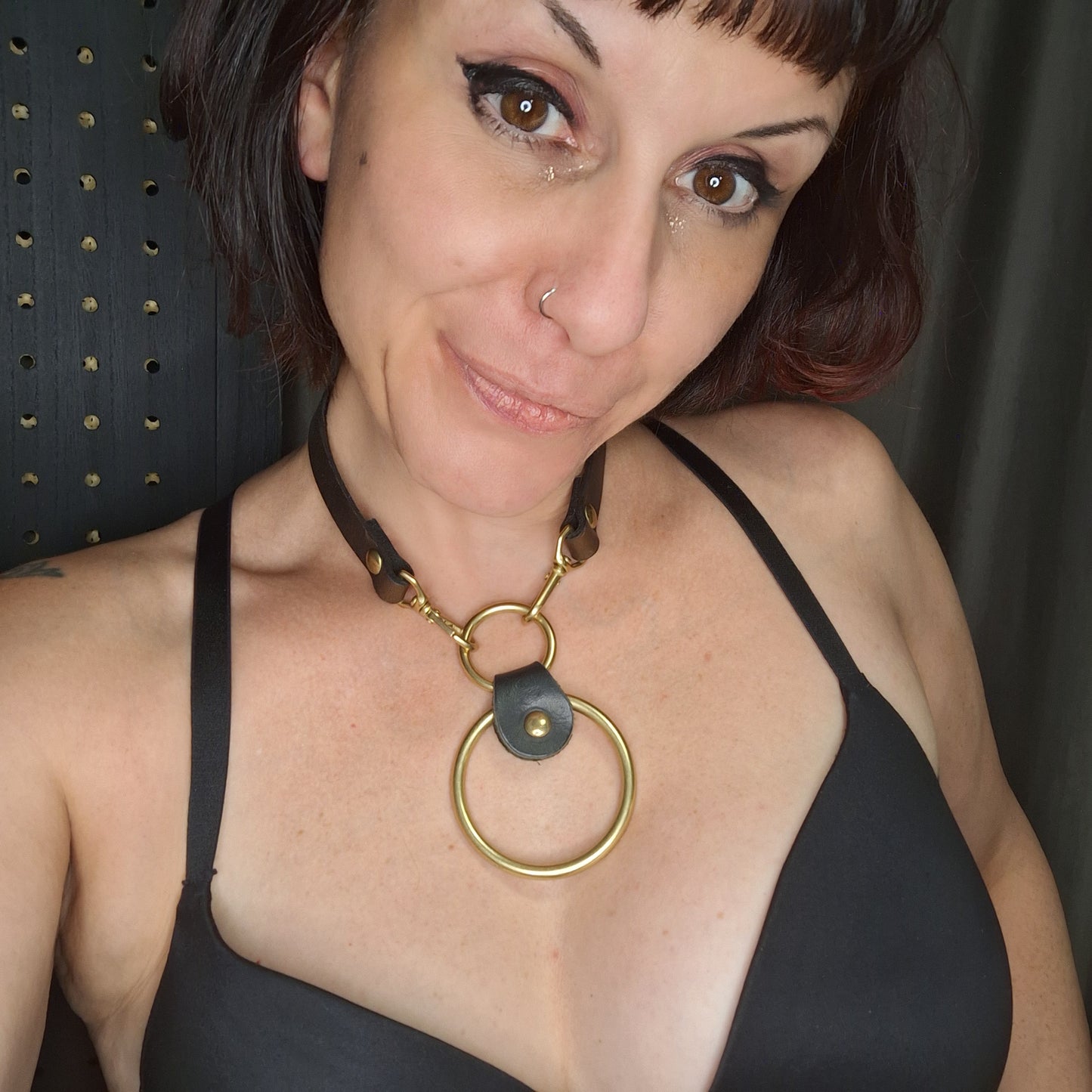 Nightshade Olive Leather & Double Gold Oring Choker. Mix and Match Centerpieces Available. Handmade. Custom color combinations.