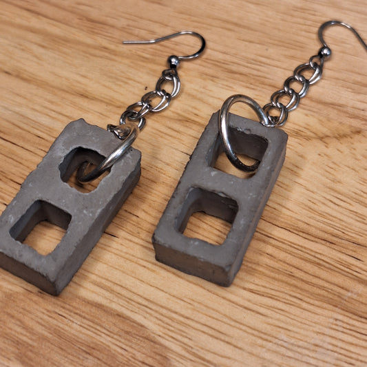Real Cement block earrings with silver chain. Light weight for earrings. Hard-core meets delicate jewelry.