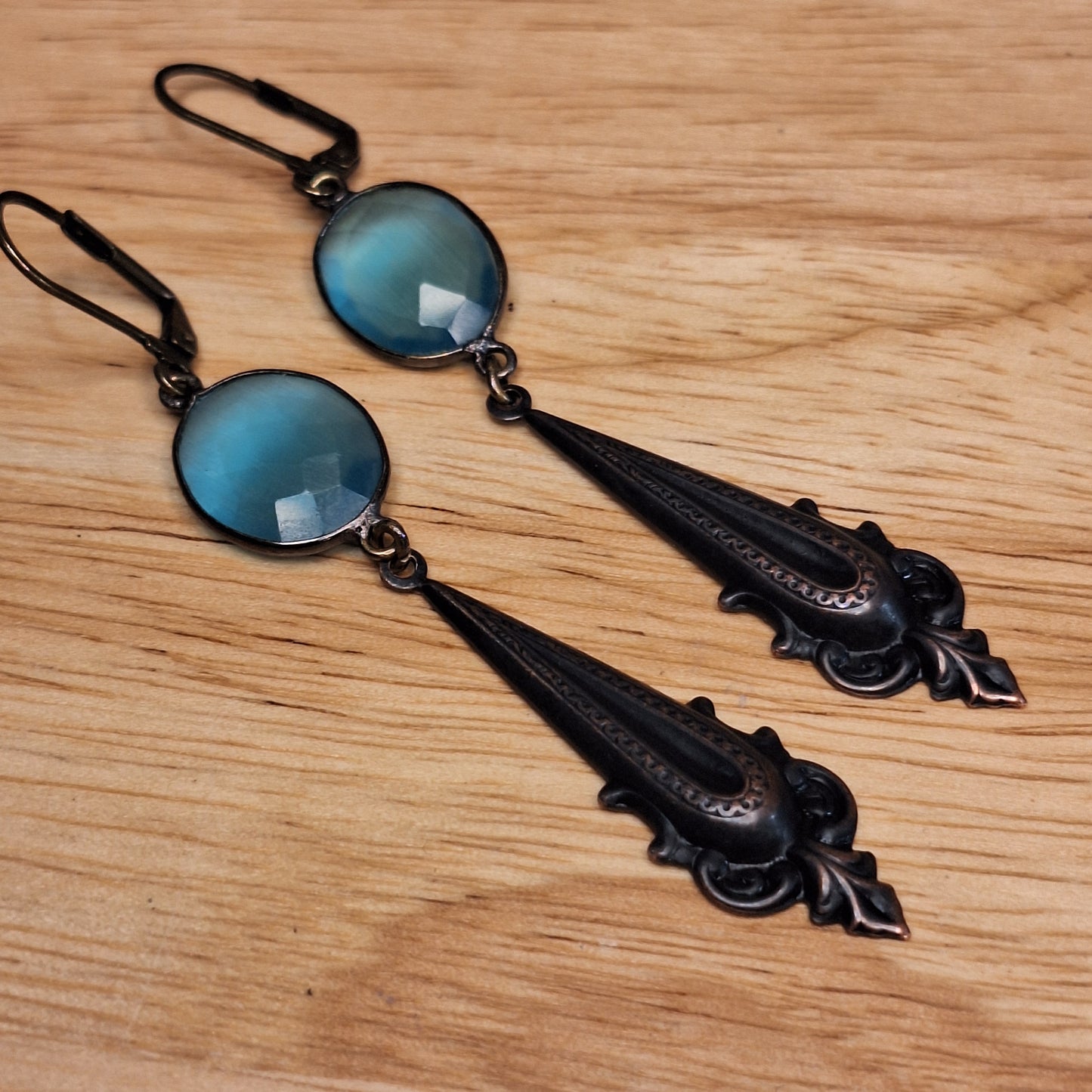 Blue stone and black victorian goth style earrings. Handmade.
