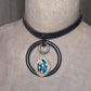 Black & Blue flower, steel Oring, and chic leather statement necklace. Handmade. One-of-a-kind.