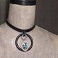 Black & Blue flower, steel Oring, and chic leather statement necklace. Handmade. One-of-a-kind.