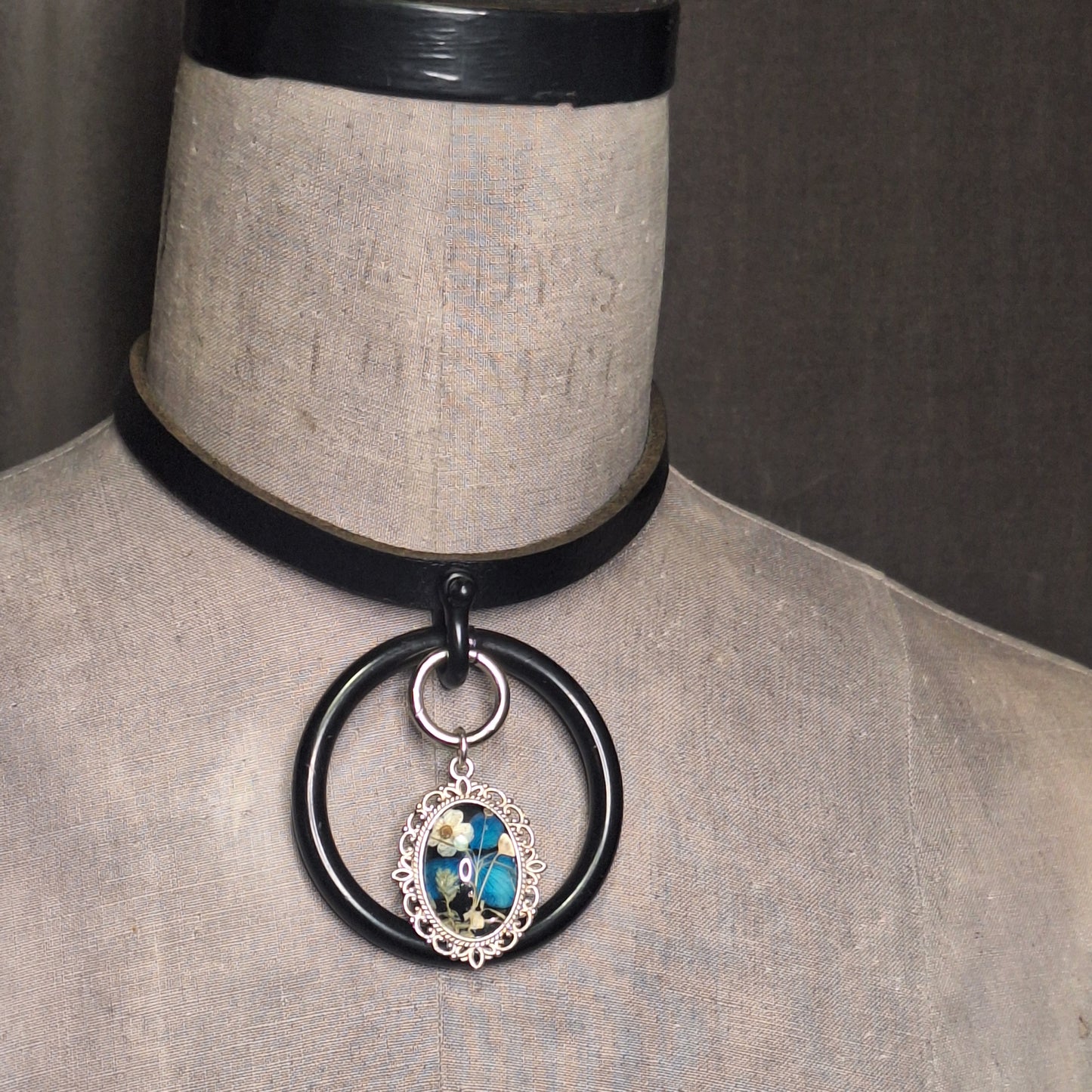 Black & Blue flower, steel Oring, and chic leather statement necklace. Handmade. One-of-a-kind.