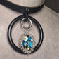 Black & Blue flower, steel Oring, and chic leather statement necklace. Handmade. One-of-a-kind.