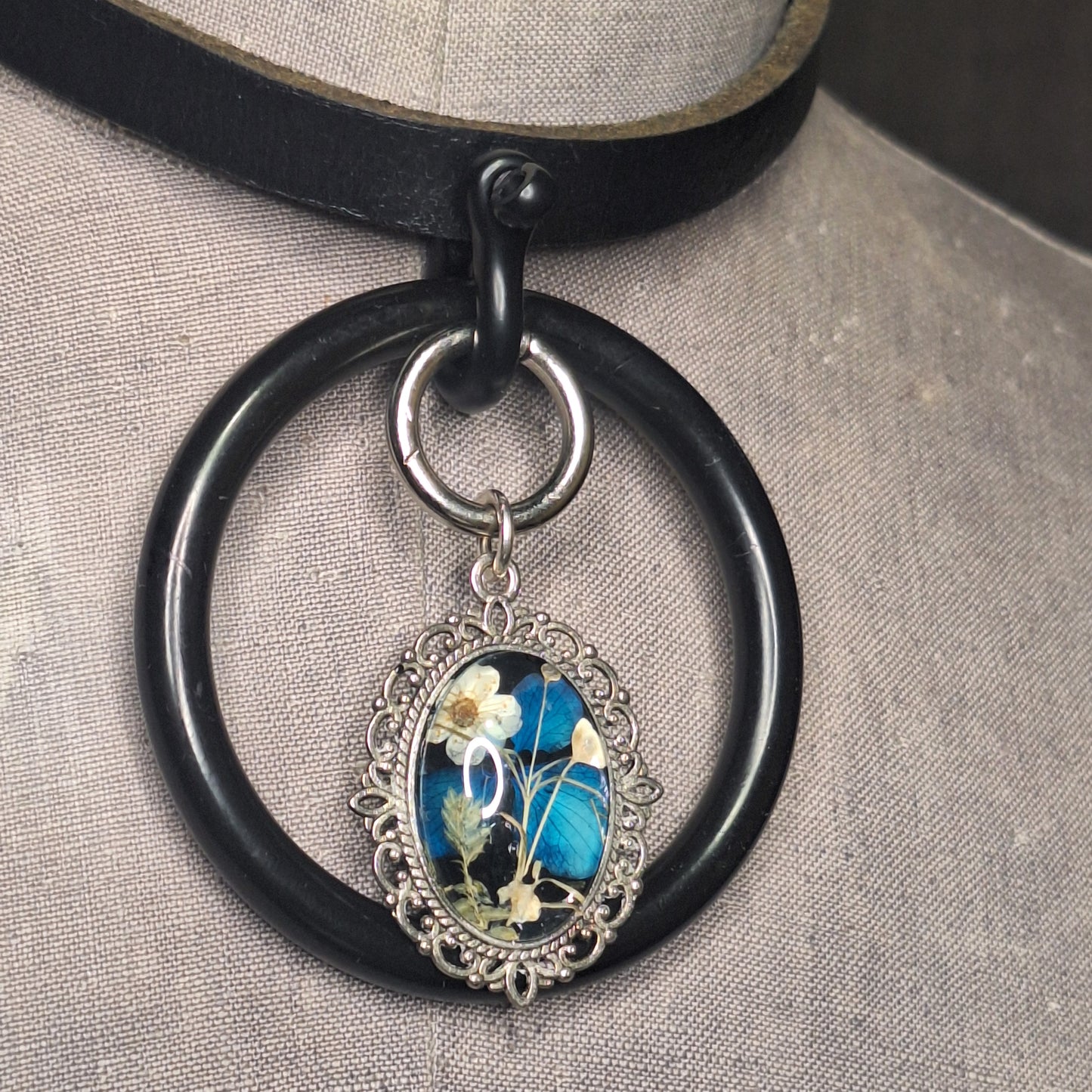 Black & Blue flower, steel Oring, and chic leather statement necklace. Handmade. One-of-a-kind.