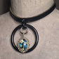 Black & Blue flower, steel Oring, and chic leather statement necklace. Handmade. One-of-a-kind.