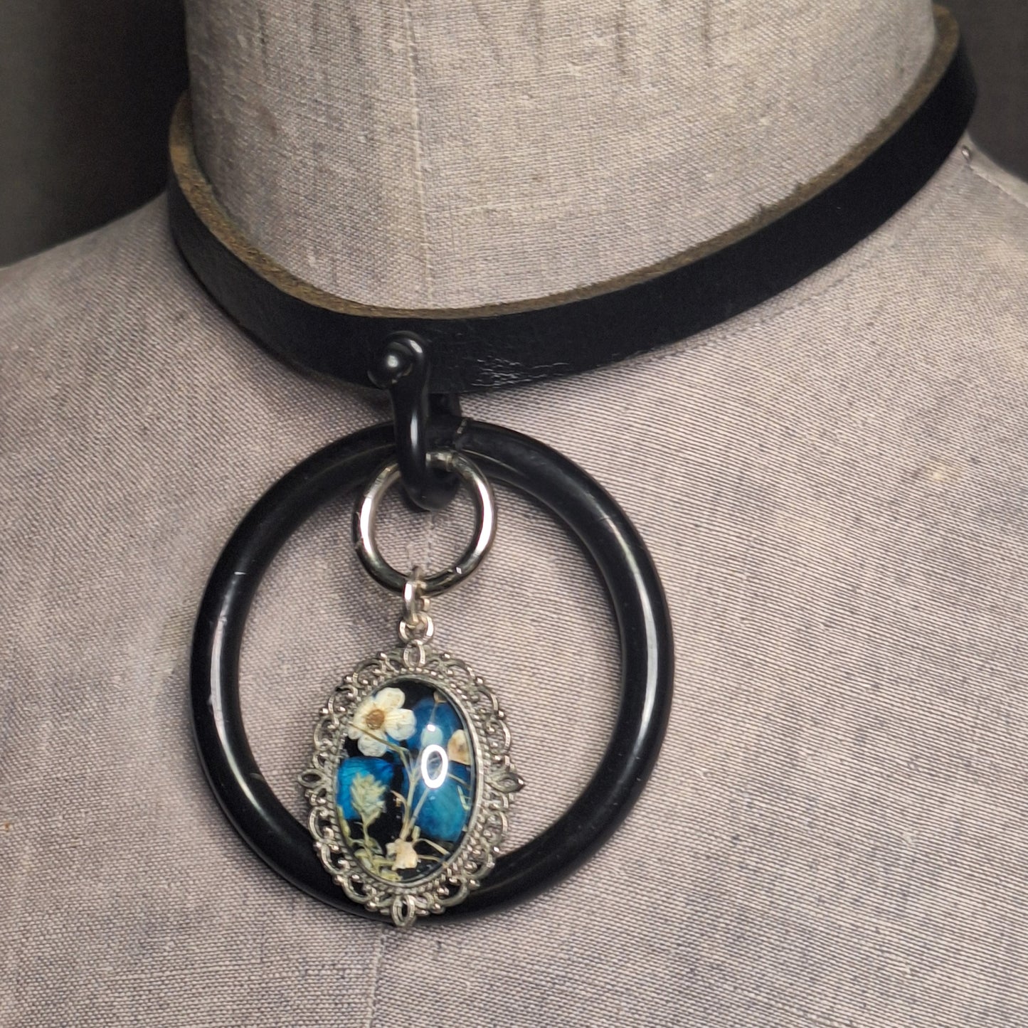 Black & Blue flower, steel Oring, and chic leather statement necklace. Handmade. One-of-a-kind.