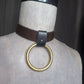 Olive leather choker with slide on 2" gold plated O-ring. Wear multiple ways. Unisex. Handmade. Adjustable buckle closure.
