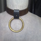 Olive leather choker with slide on 2" gold plated O-ring. Wear multiple ways. Unisex. Handmade. Adjustable buckle closure.