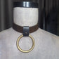 Olive leather choker with slide on 2" gold plated O-ring. Wear multiple ways. Unisex. Handmade. Adjustable buckle closure.