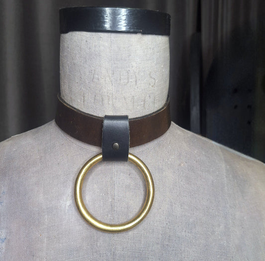 Olive leather choker with slide on 2" gold plated O-ring. Wear multiple ways. Unisex. Handmade. Adjustable buckle closure.