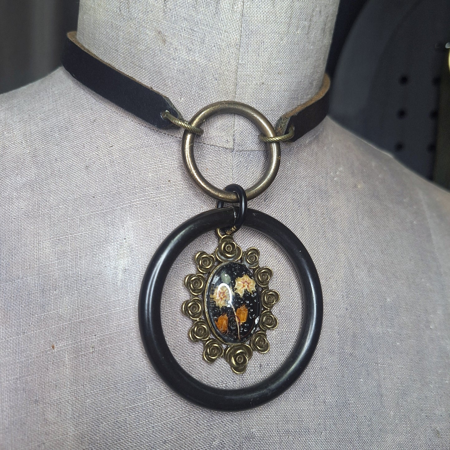 Season of the Witch, Double Oring Choker with Dried Pressed Flowers Adornment Centerpiece.