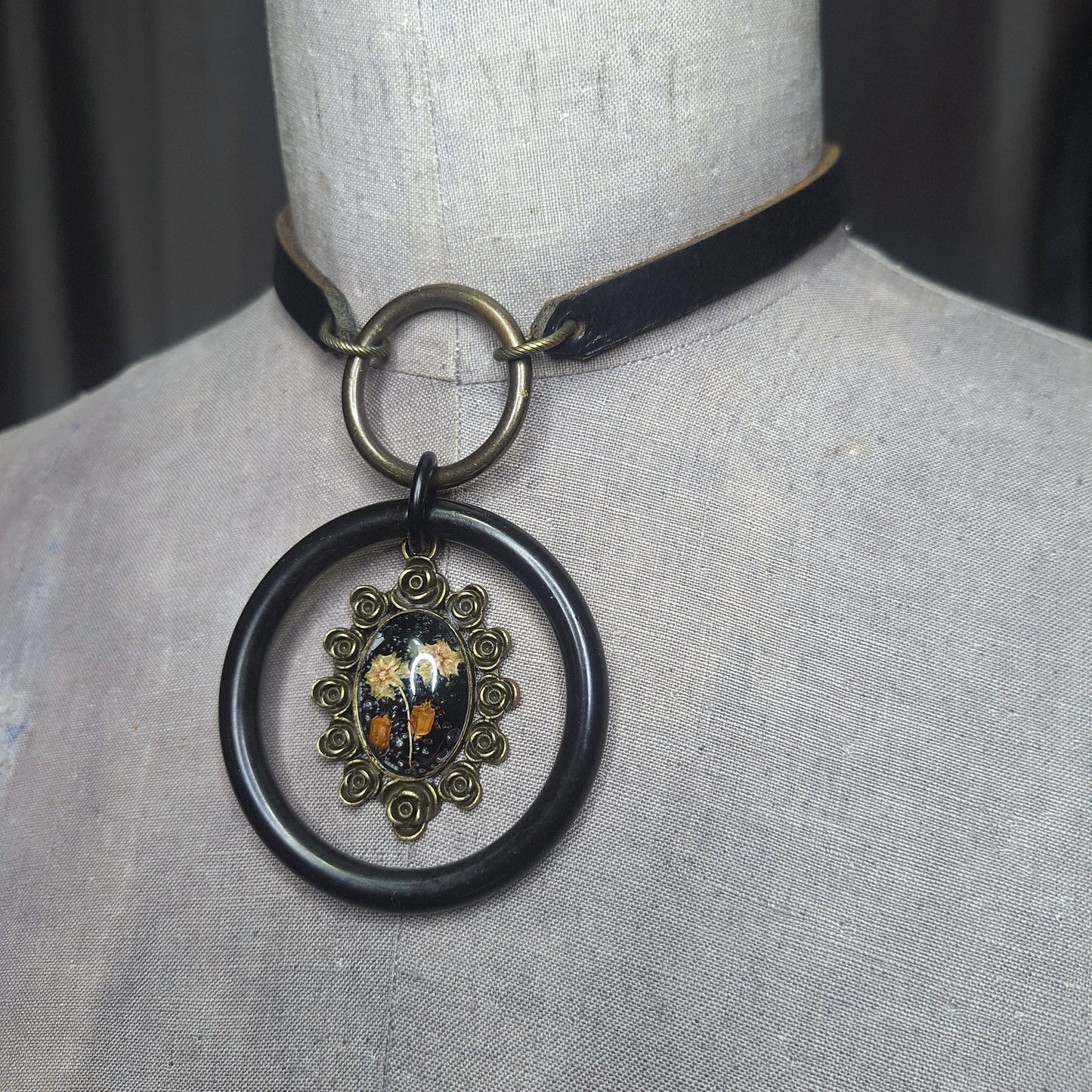 Season of the Witch, Double Oring Choker with Dried Pressed Flowers Adornment Centerpiece.