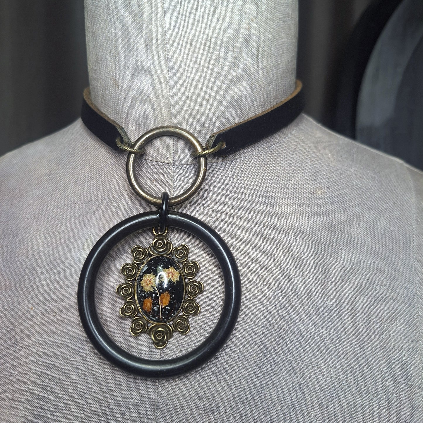Season of the Witch, Double Oring Choker with Dried Pressed Flowers Adornment Centerpiece.