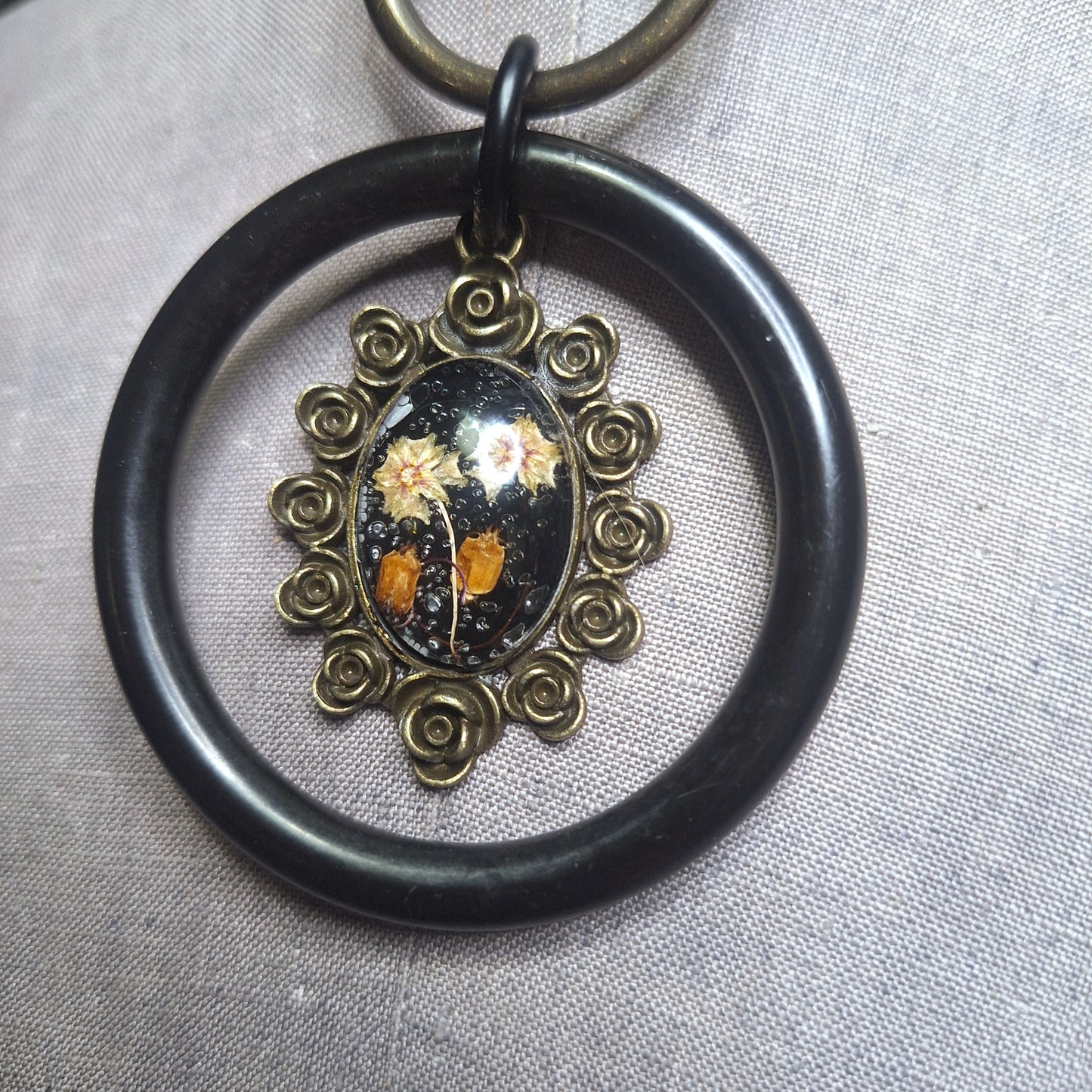 Season of the Witch, Double Oring Choker with Dried Pressed Flowers Adornment Centerpiece.