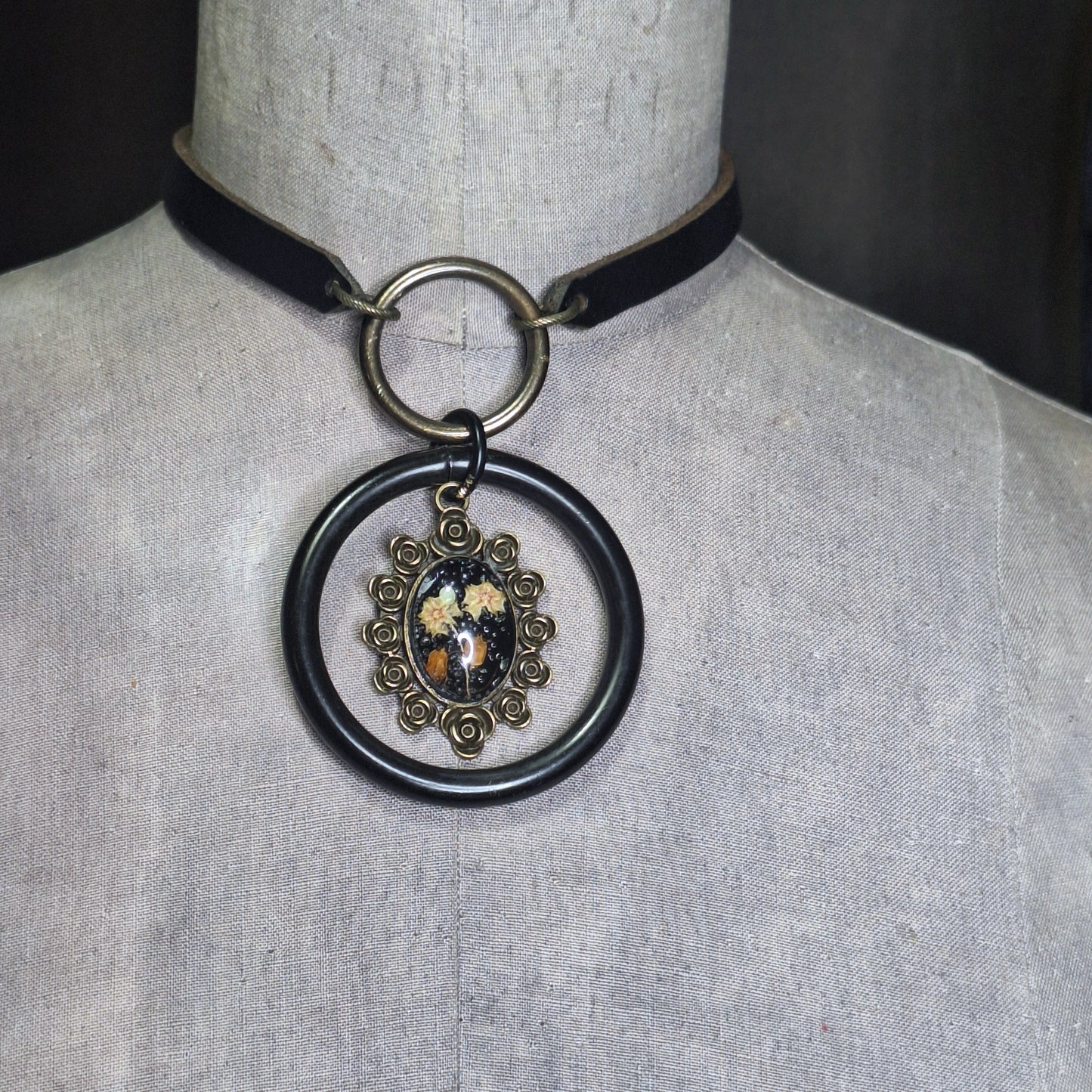 Season of the Witch, Double Oring Choker with Dried Pressed Flowers Adornment Centerpiece.