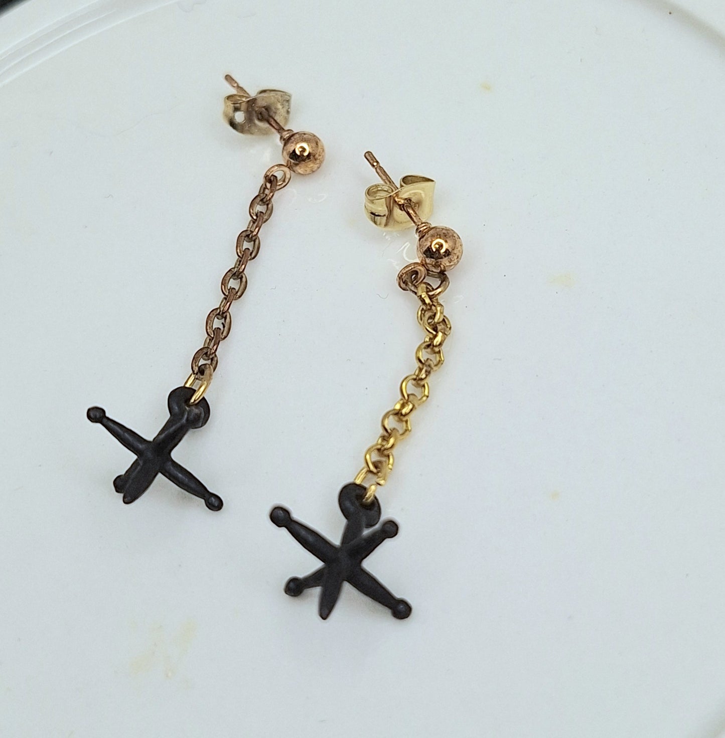 Jacks earrings. Gold chain & black jacks charms.