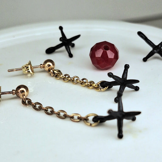Jacks earrings. Gold chain & black jacks charms.