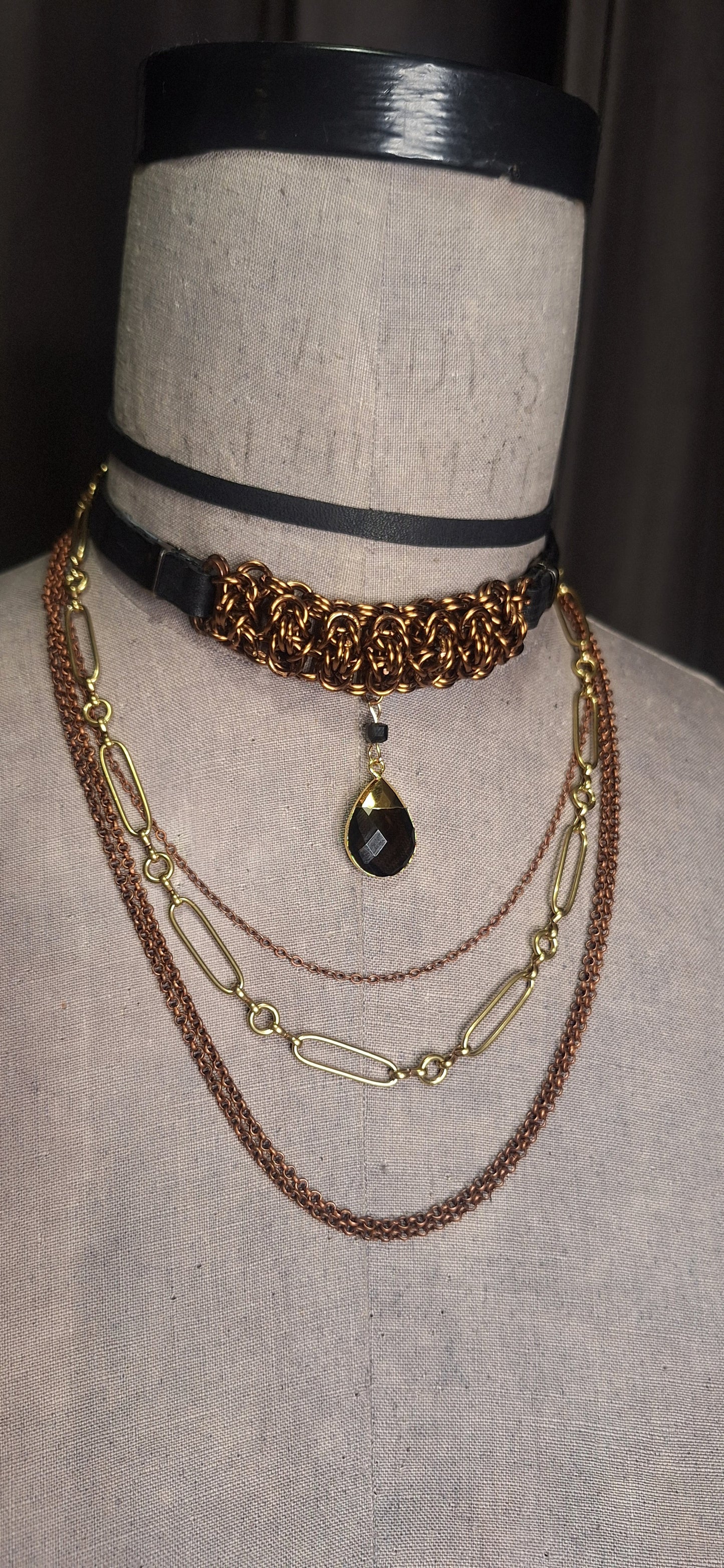 Foundry Tear Chainmail Layered Necklace. Copper & gold finish. Black leather.  One-of-a-kind. Handmade.