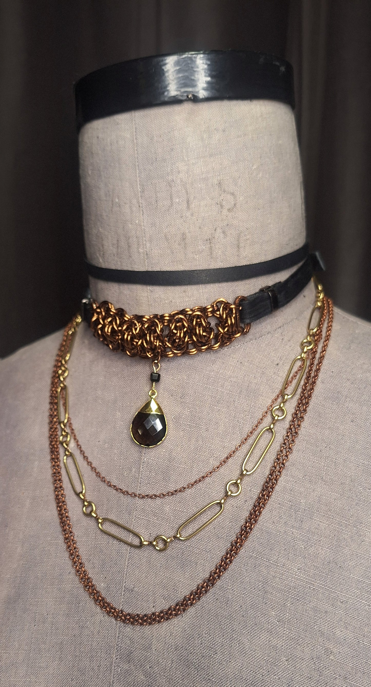 Foundry Tear Chainmail Layered Necklace. Copper & gold finish. Black leather.  One-of-a-kind. Handmade.
