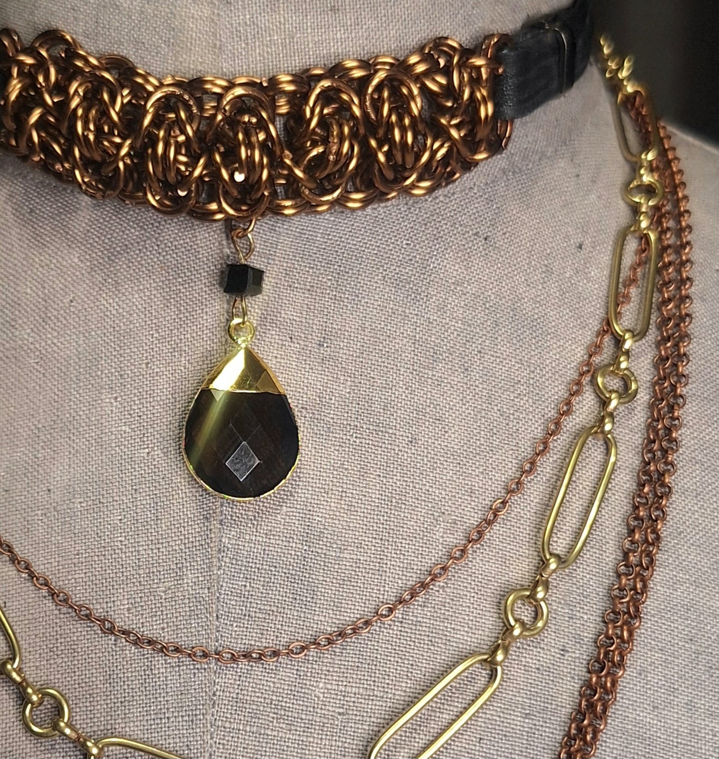 Foundry Tear Chainmail Layered Necklace. Copper & gold finish. Black leather.  One-of-a-kind. Handmade.