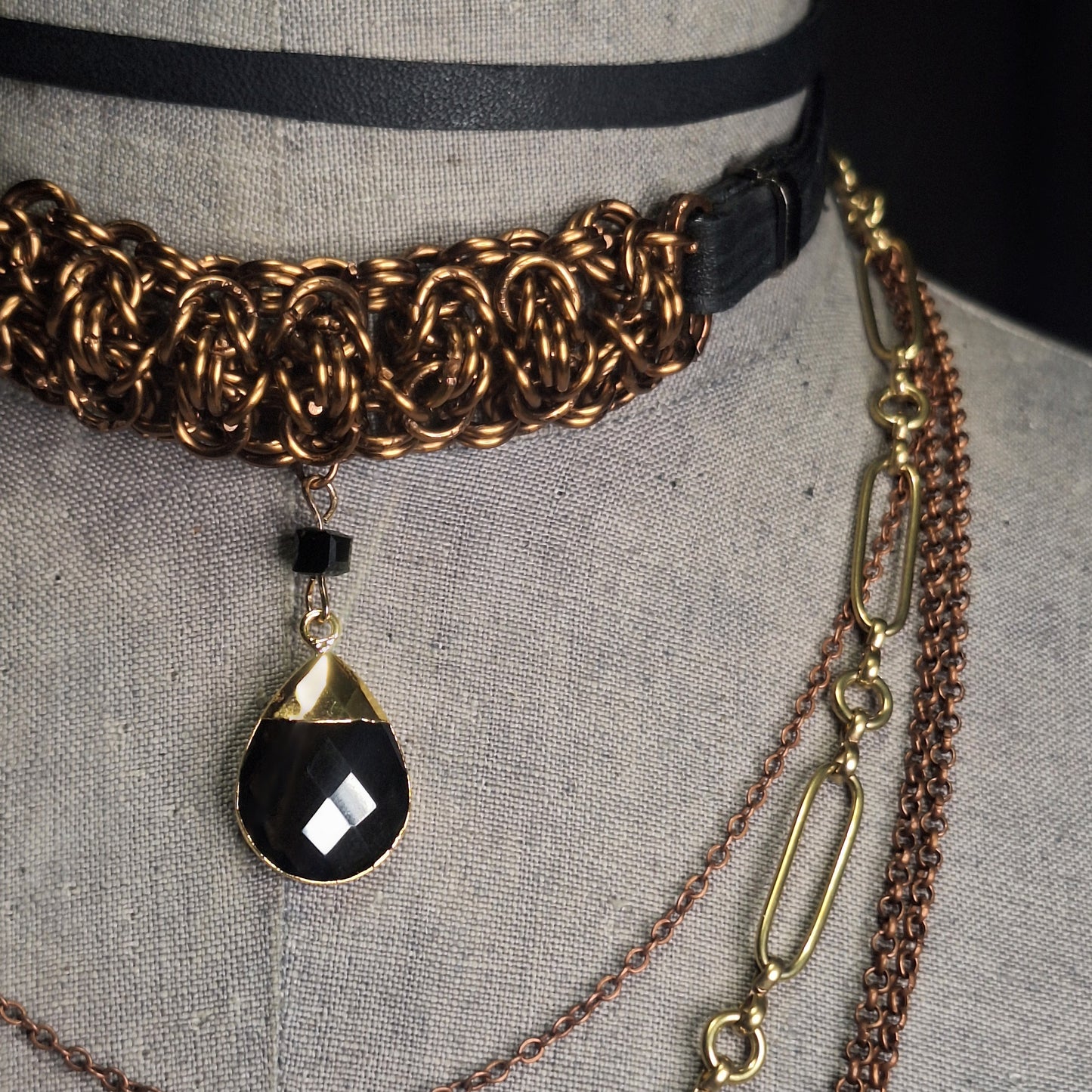 Foundry Tear Chainmail Layered Necklace. Copper & gold finish. Black leather.  One-of-a-kind. Handmade.