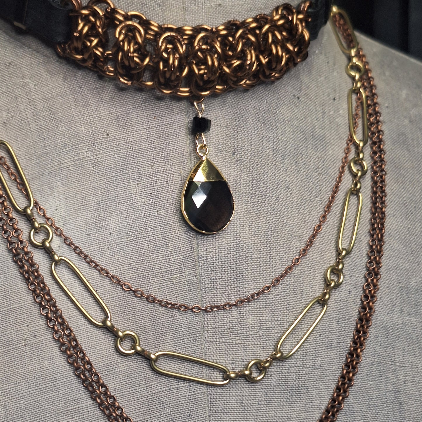 Foundry Tear Chainmail Layered Necklace. Copper & gold finish. Black leather.  One-of-a-kind. Handmade.