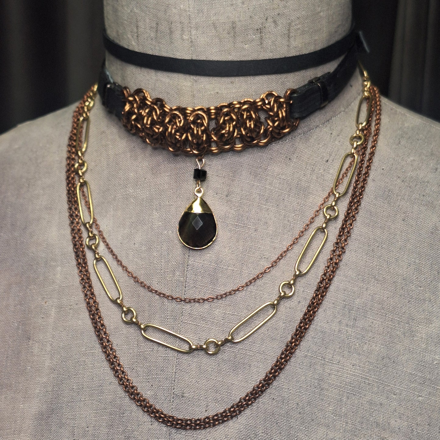Foundry Tear Chainmail Layered Necklace. Copper & gold finish. Black leather.  One-of-a-kind. Handmade.