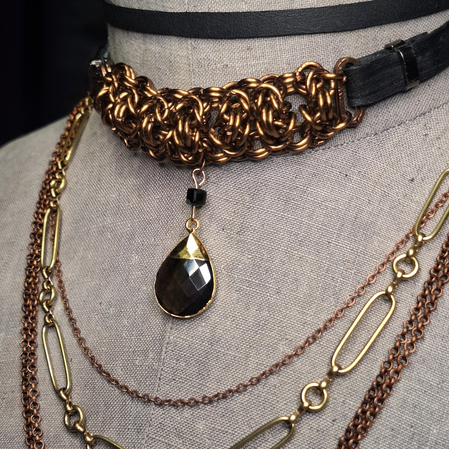 Foundry Tear Chainmail Layered Necklace. Copper & gold finish. Black leather.  One-of-a-kind. Handmade.