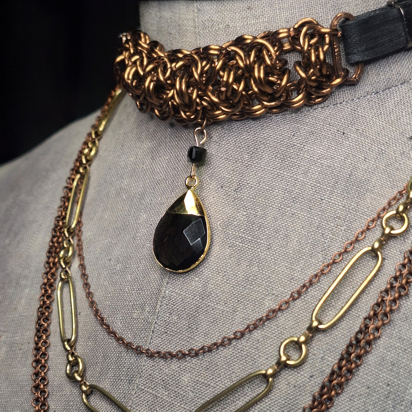 Foundry Tear Chainmail Layered Necklace. Copper & gold finish. Black leather.  One-of-a-kind. Handmade.