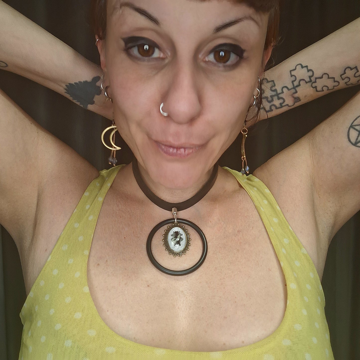 The Watchman Ink Blot Choker. Mix finishes. Antique frame, black steel O-ring.