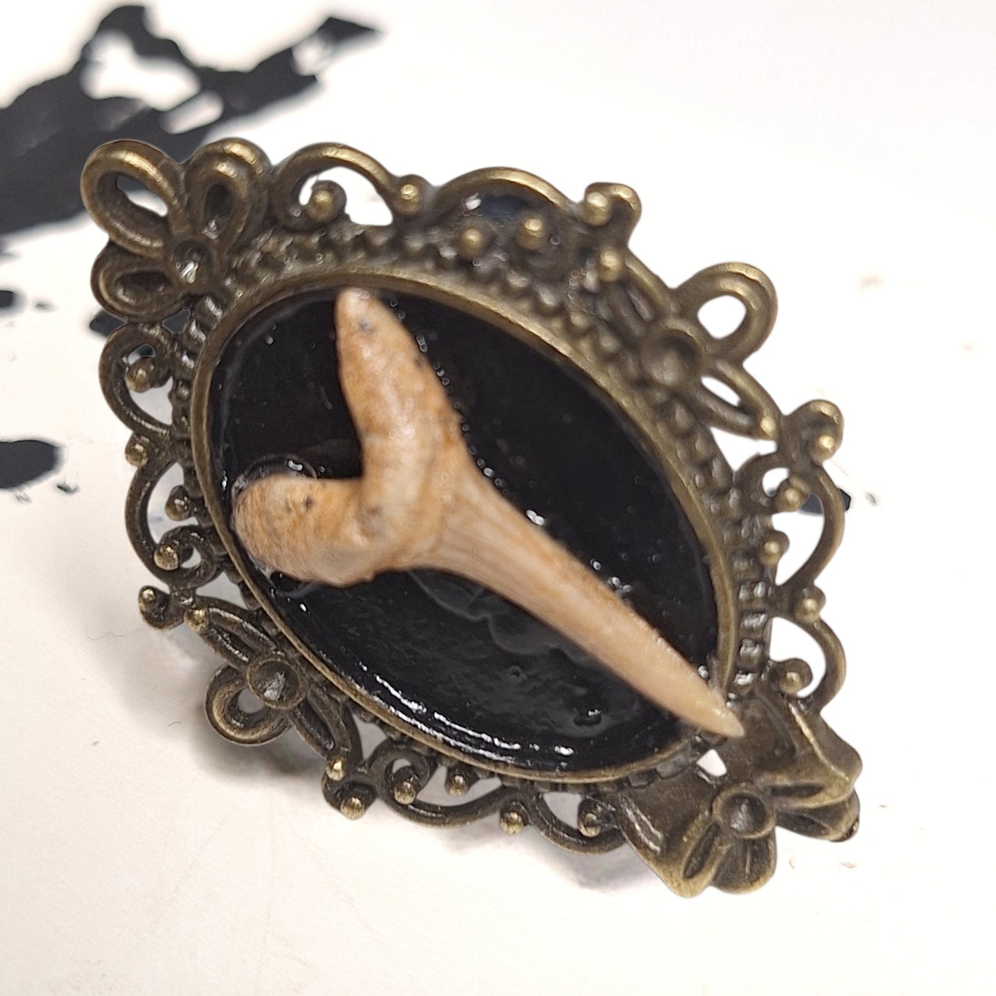 Shark tooth cameo ring. Antique finish statement ring. Adjustable.