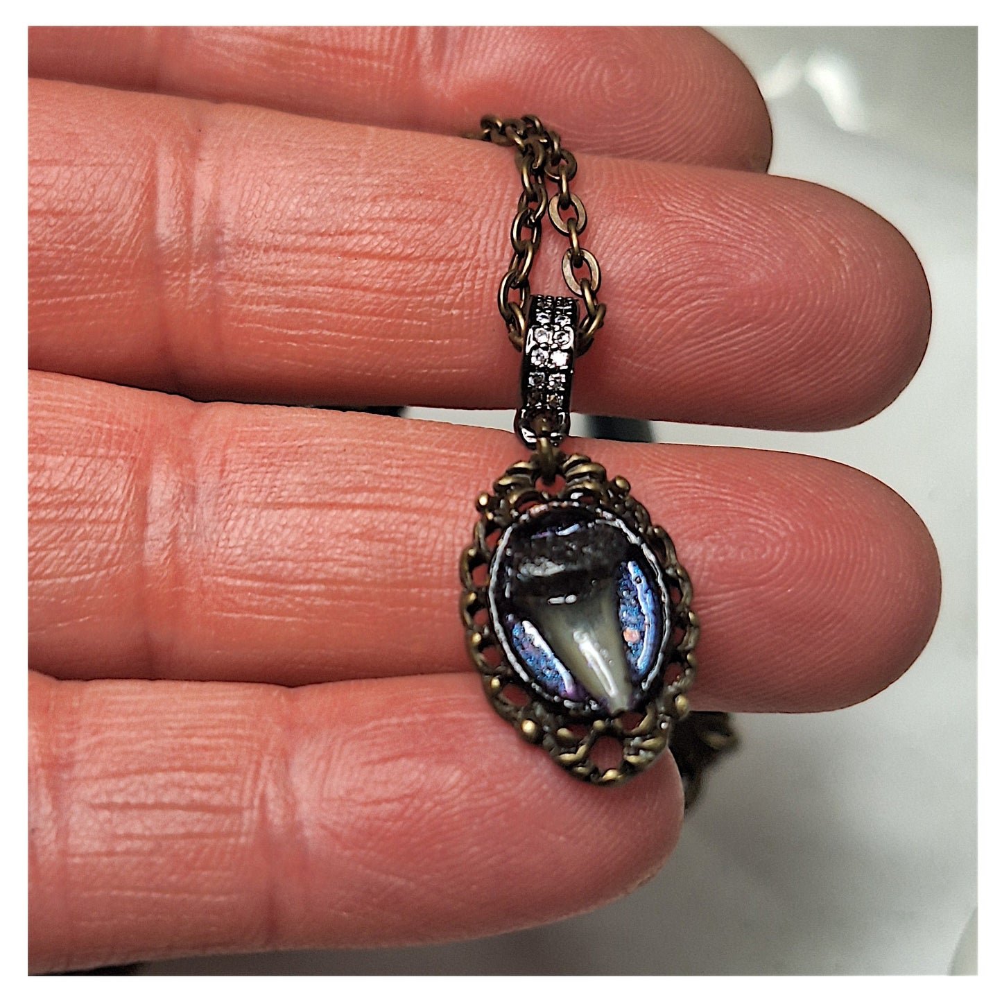 Tiny shark tooth cameo necklace. Antique layers framing. Iridescent blue backdrop.
