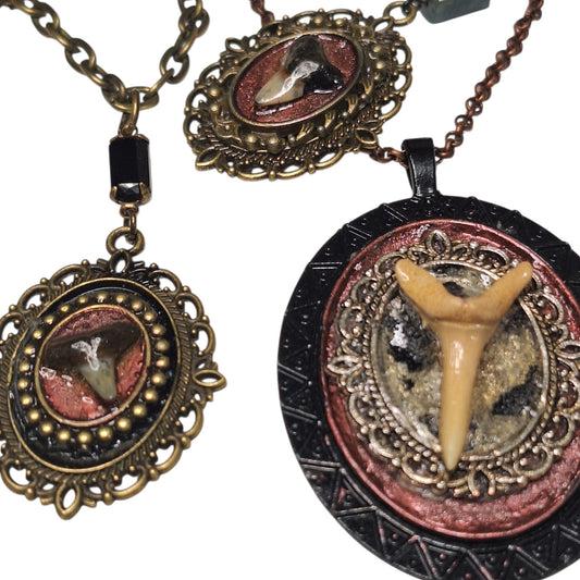 Shark tooth pendant necklace. Multifinish. Handmade. One-of-a-kind.