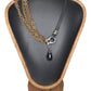 Leather and multi copper chain asymmetrical necklace. Mini silver carabiner with black teardrop crystal.