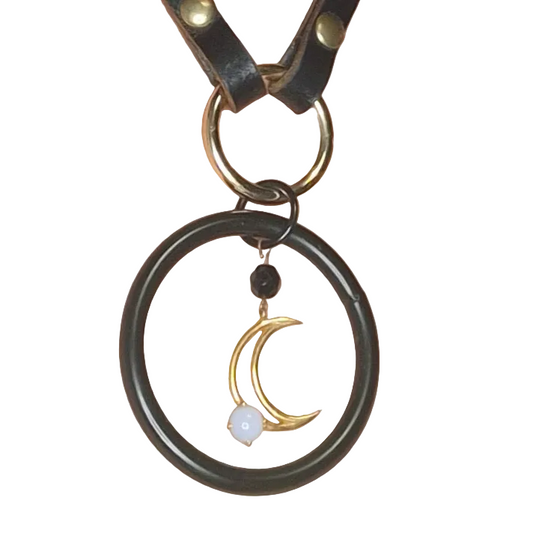 Luna Eclipse Statement Necklace. Leather, steel, Moonstone. Handmade.