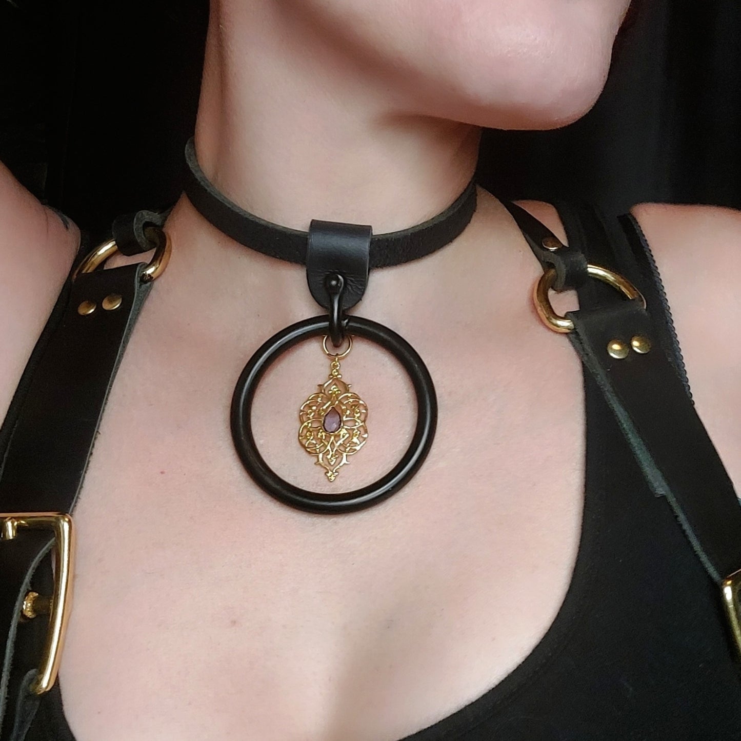 Suspense. Leather Body Harness. Gold hardware. Black leather with plum leather details.