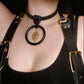 Suspense. Leather Body Harness. Gold hardware. Black leather with plum leather details.