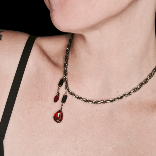 The Dracula. A NEW version of the Vamp necklace. Antique chain with 2 red asymmetrical crystal blood drops.