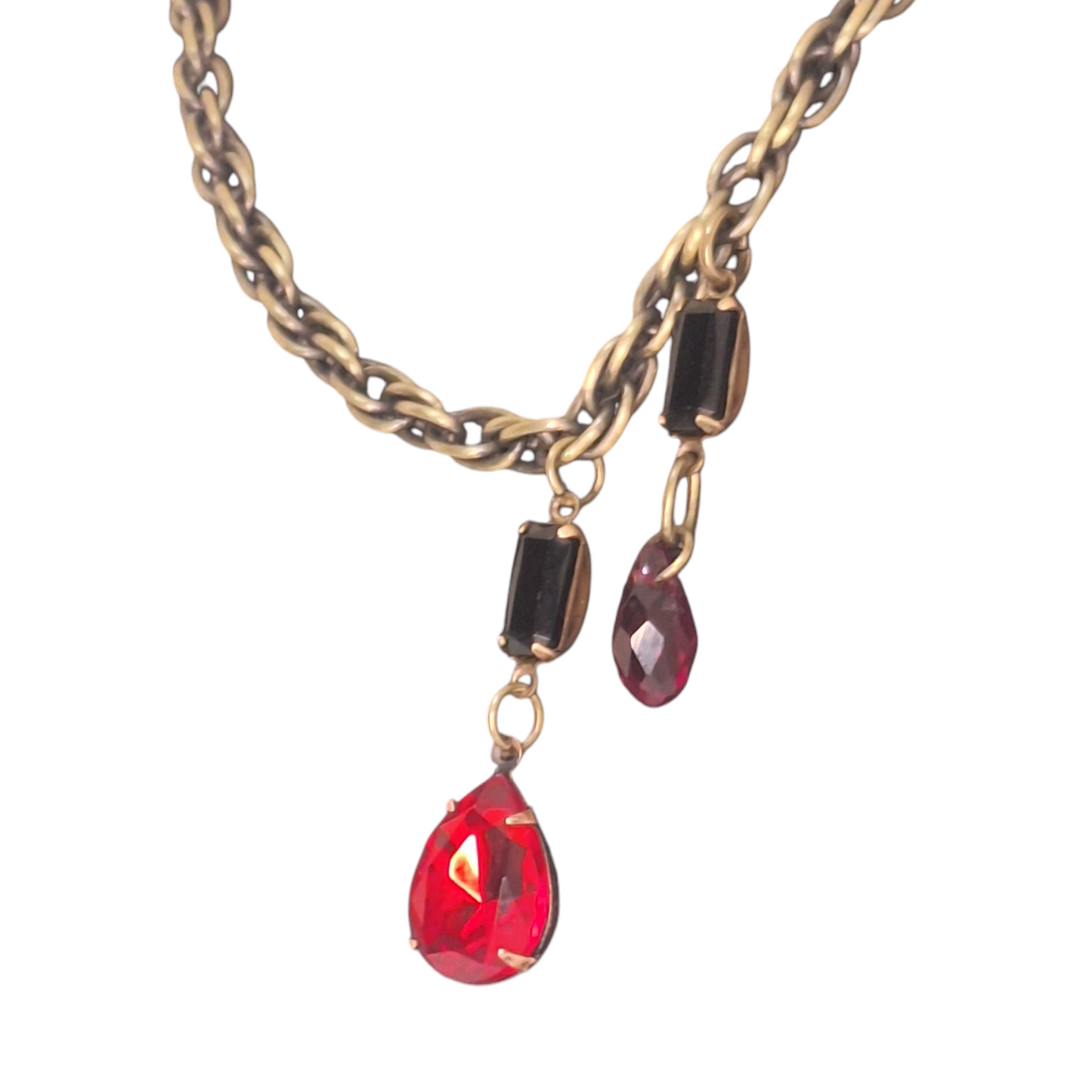 The Dracula. A NEW version of the Vamp necklace. Antique chain with 2 red asymmetrical crystal blood drops.