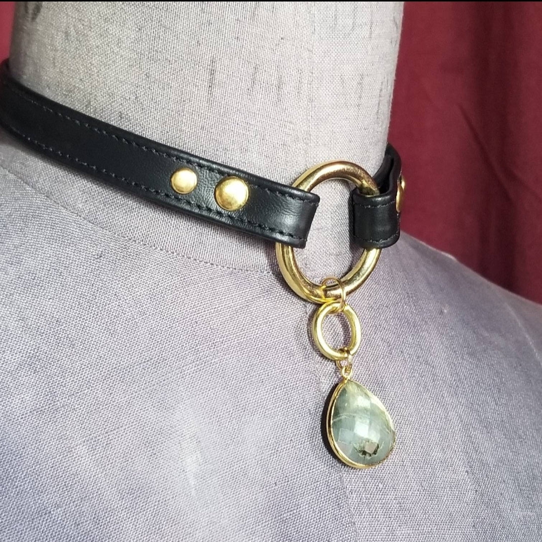 Labradorite gemstone and stitched leather collar. High-end goth lux statement piece.